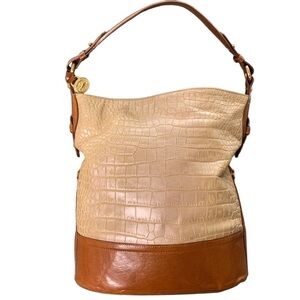 Brahmin Leather Brown and Cream Crocodile Embossed Bucket Shoulder Bag